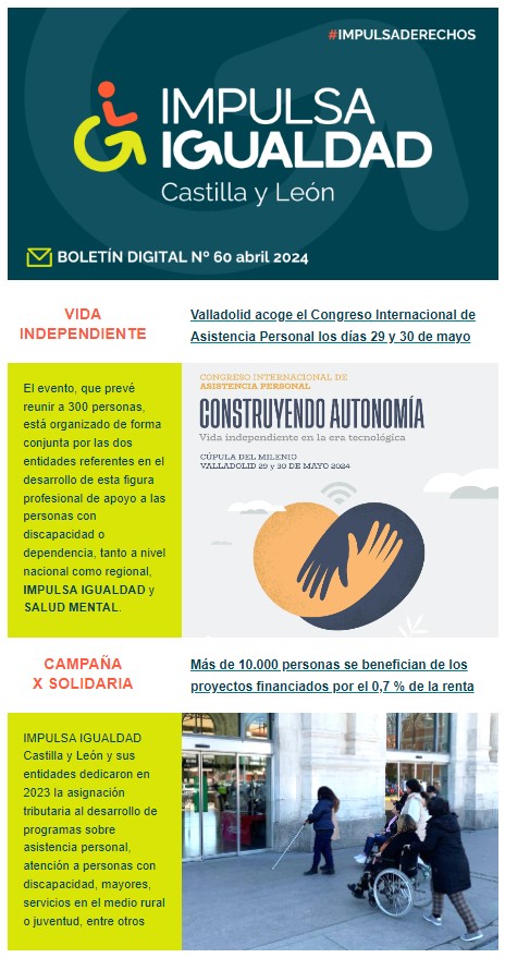 Captura del boletín con las dos noticias principales: Congreso Internacional de Asistencia Personal y proyectos del 0,7 % de la renta