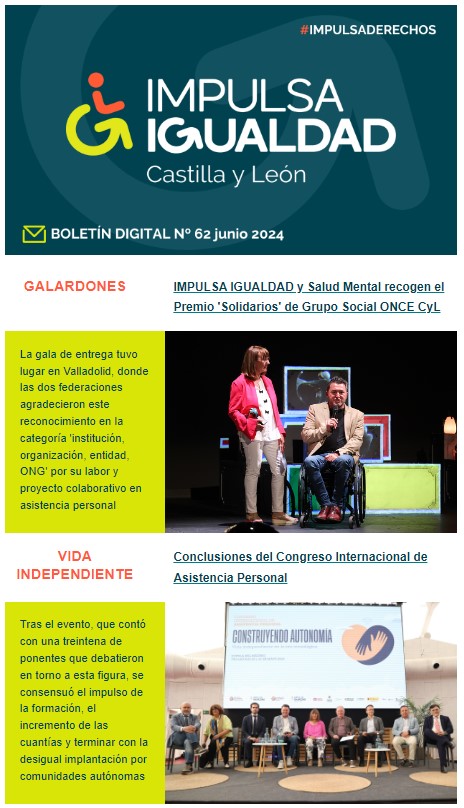 Captura del boletín con las dos noticias principales: Premios Solidarios Grupo Social ONCE y conclusiones del Congreso Internacional de Asistencia Personal