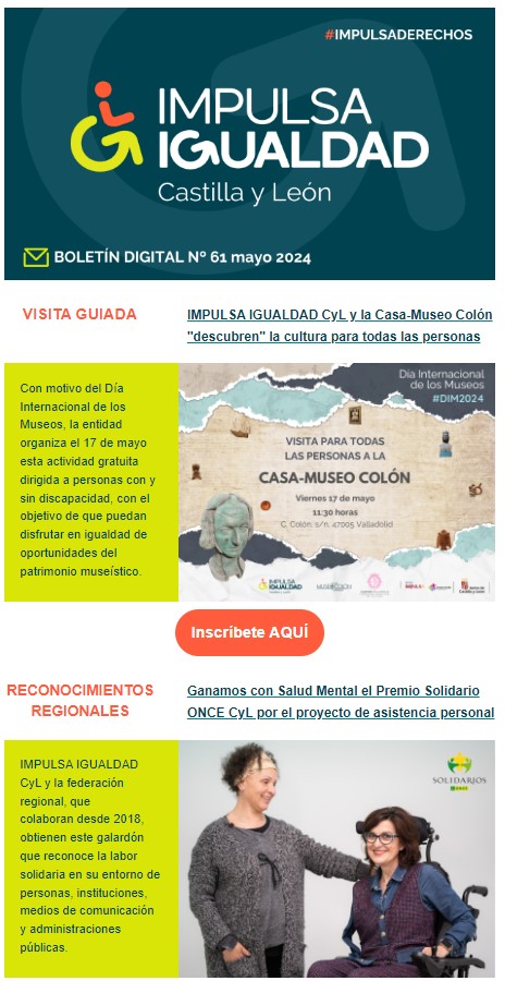 Captura del boletín con las dos noticias principales: visita a la Casa-Museo Colón y el Premio Solidario Grupo Social ONCE CyL