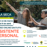 Cartel del curso online gratuito Asistente Personal con una fotografía de una señora en silla de ruedas con su asistente personal y los datos de días, más persona de contacto y los logos de organizadores y financiación.