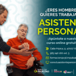 Cartel con una fotografía a la izquierda de un hombre en silla de ruedas manejando el móvil con su asistente personal. A la derecha, le texto "¿Eres hombre y quieres trabajar de asistente personal? ¡Apúntate a nuestro curso online gratuito! Y abajo los datos de contacto y los logos de IMPULSA IGUALDAD CyL y la Gerencia de Servicios Sociales de la Junta Castilla y León.