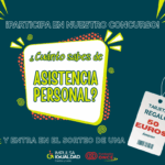 Cartel con el texto ¡Participa en nuestro concurso! ¿Cuánto sabes de asistencia personal? Y entra en el sorteo de una tarjeta regalo de 50 euros de Amazon. Abajo los logos de IMPULSA IGUALDAD CyL y Fundación ONCE.