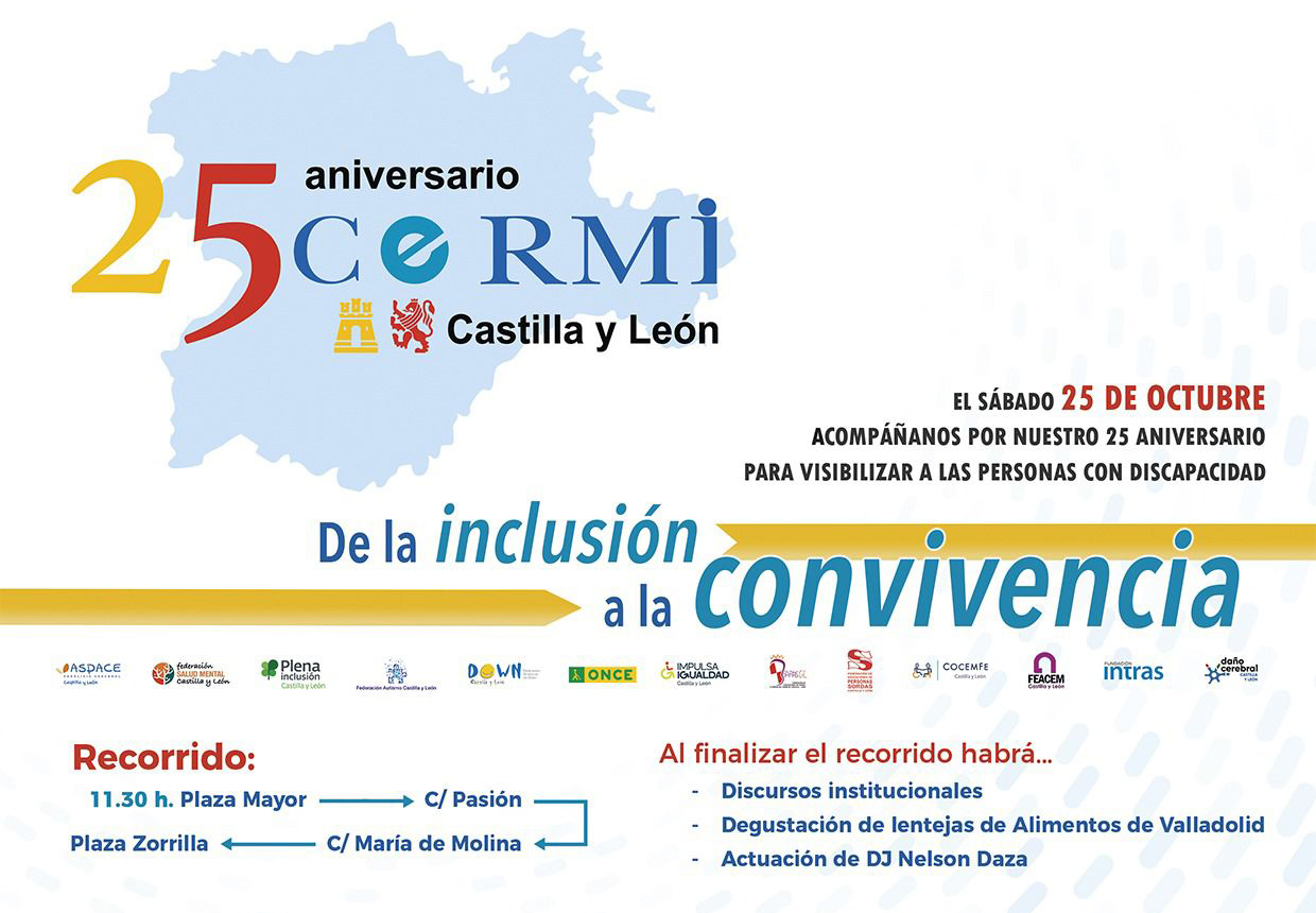 Imagen con el logo del 25 aniversario del CERMI CyL, día, lema, logos entidades y recorrido.