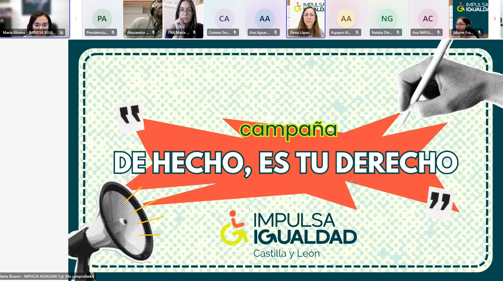 Miniaturas de varias de las personas participantes y la primera diapositiva de la presentación de la campaña 'De hecho, es tu derecho'. Abajo, el logo de IMPULSA IGUALDAD Castilla y León.