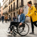En una calle urbana, de día, una mujer silla de ruedas manual mira sonriente a su asistente personal, mujer que también sonríe y lleva su silla.